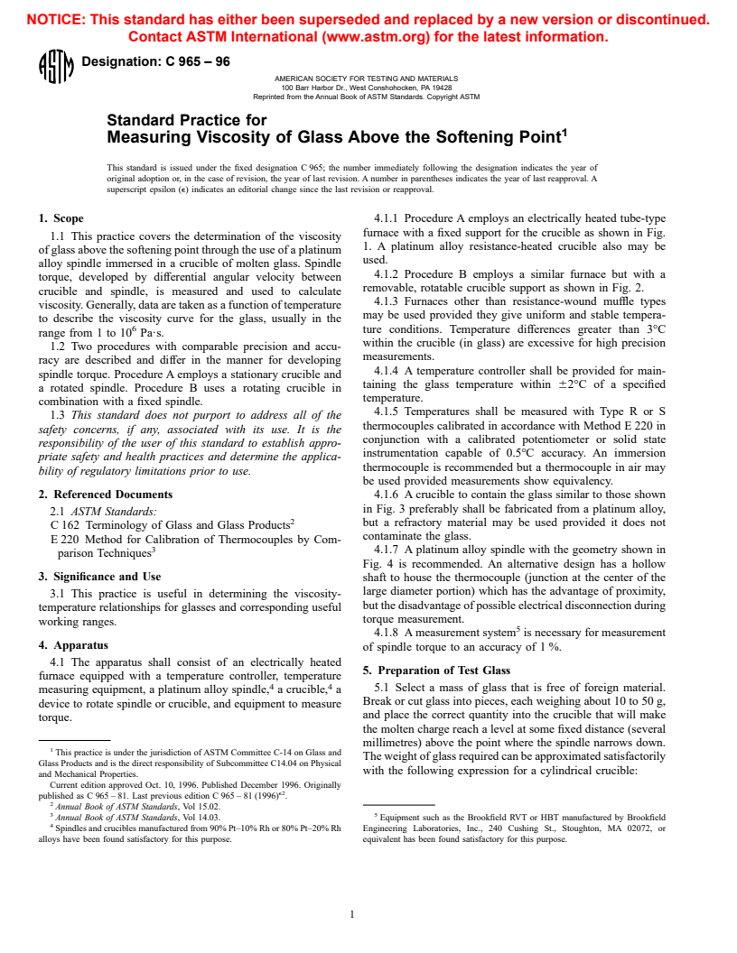 ASTM C965-96 - Standard Practice for Measuring Viscosity of Glass Above the Softening Point