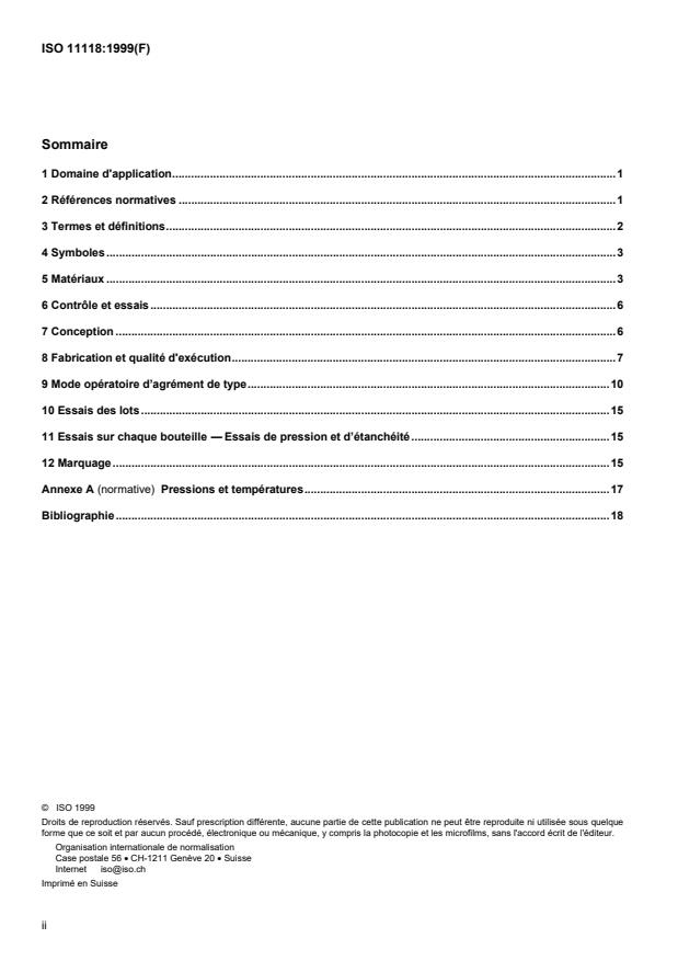 ISO 11118:1999 ISO 11118:1999 - Bouteilles a gaz -- Bouteilles a gaz métalliques non rechargeables -- Spécifications et méthodes d'essai - Page 2 preview