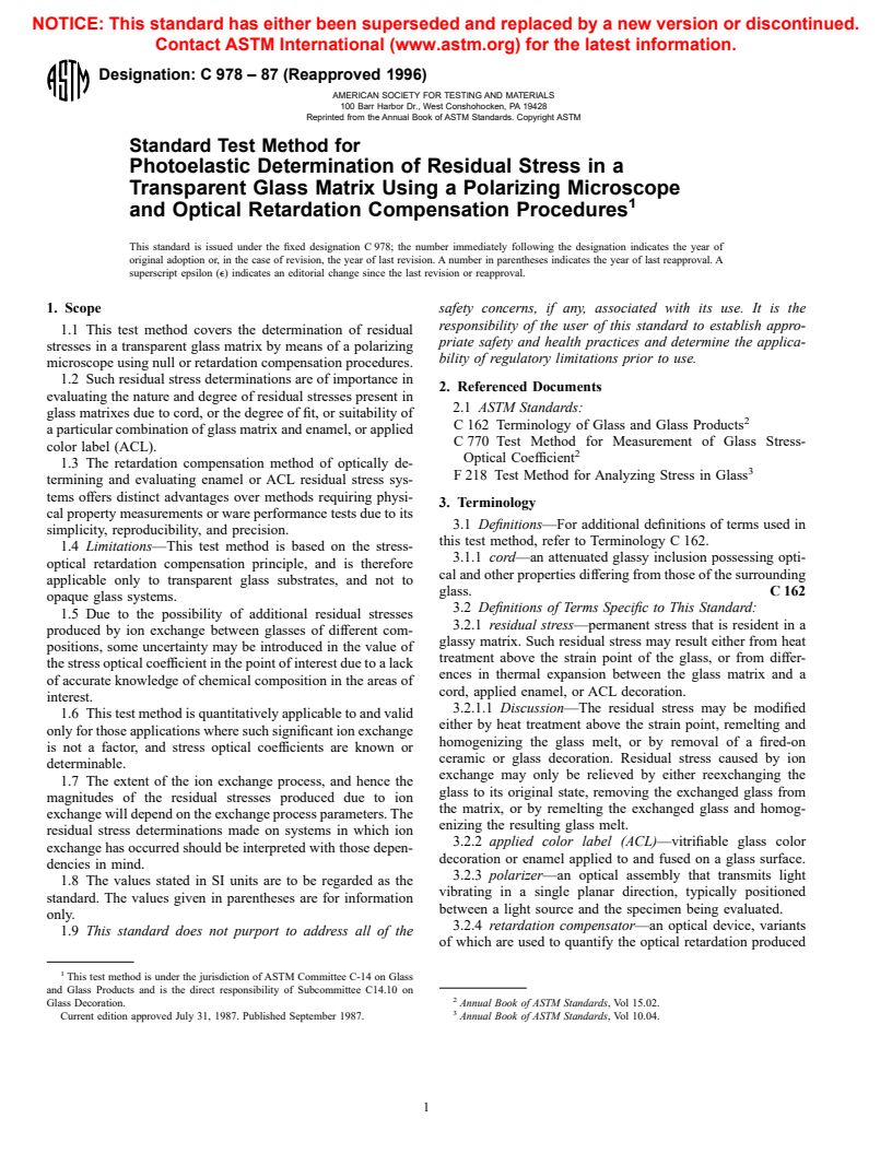 ASTM C978-87(1996) - Standard Test Method for Photoelastic Determination of Residual Stress in a Transparent Glass Matrix Using a Polarizing Microscope and Optical Retardation Compensation Procedures