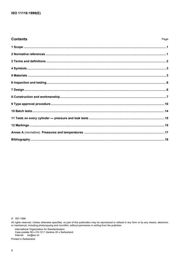 ISO 11118:1999 ISO 11118:1999 - Gas cylinders -- Non-refillable metallic gas cylinders -- Specification and test methods - Page 2 preview