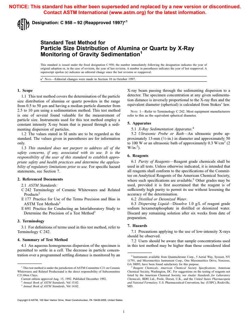ASTM C958-92(1997)e1 - Standard Test Method for Particle Size Distribution of Alumina or Quartz by X-Ray Monitoring of Gravity Sedimentation