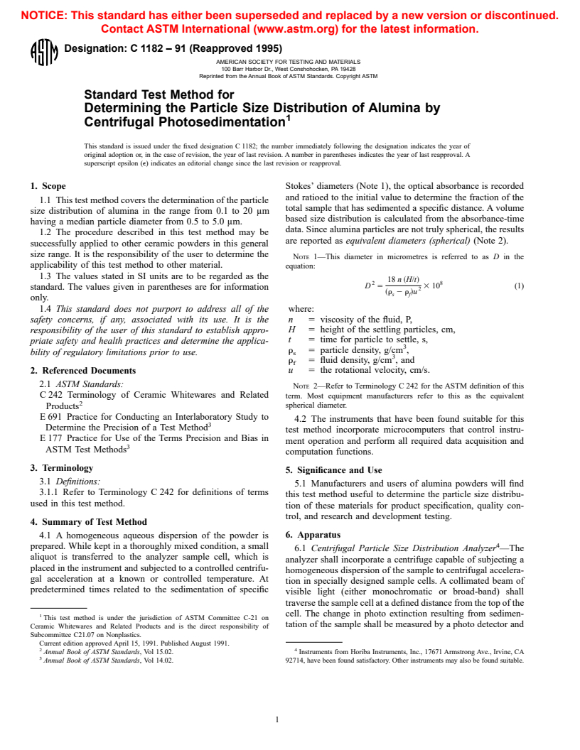 ASTM C1182-91(1995) - Standard Test Method for Determining the Particle Size Distribution of Alumina by Centrifugal Photosedimentation