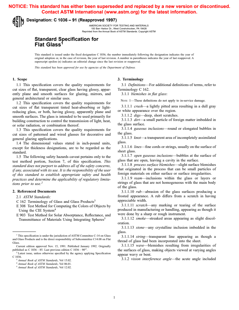 ASTM C1036-91(1997) - Standard Specification for Flat Glass