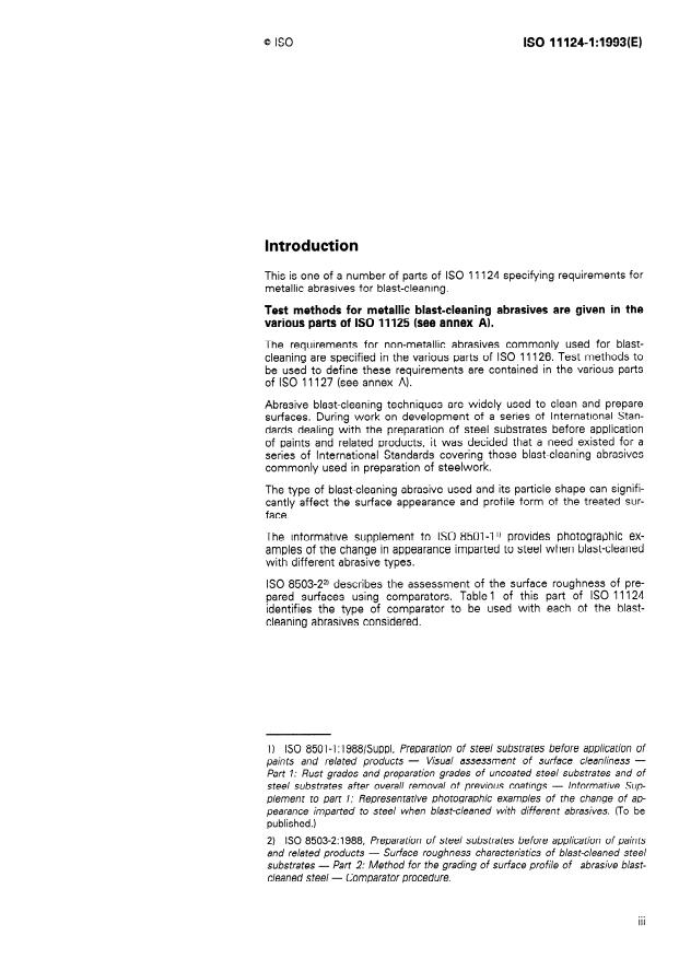 ISO 11124-1:1993 - Preparation of steel substrates before application of paints and related products -- Specifications for metallic blast-cleaning abrasives
