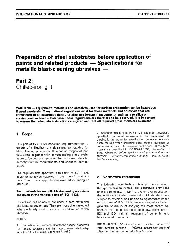 ISO 11124-2:1993 - Preparation of steel substrates before application of paints and related products -- Specifications for metallic blast-cleaning abrasives