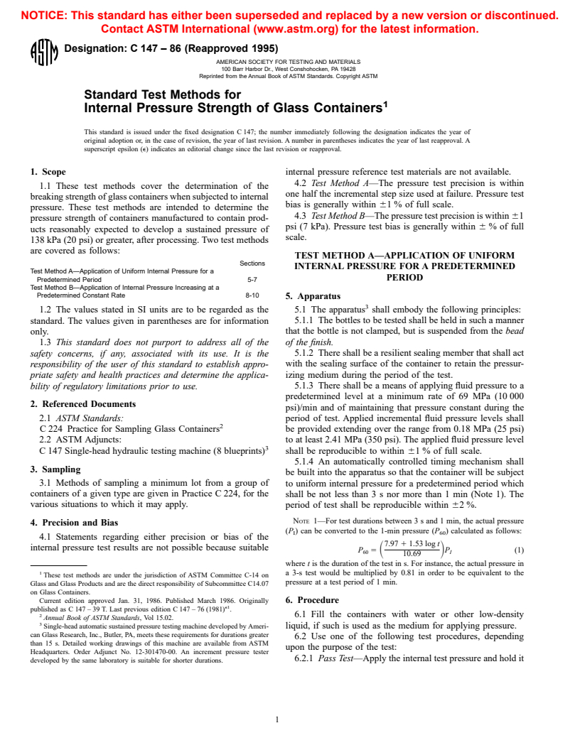 ASTM C147-86(1995) - Standard Test Methods for Internal Pressure Strength of Glass Containers