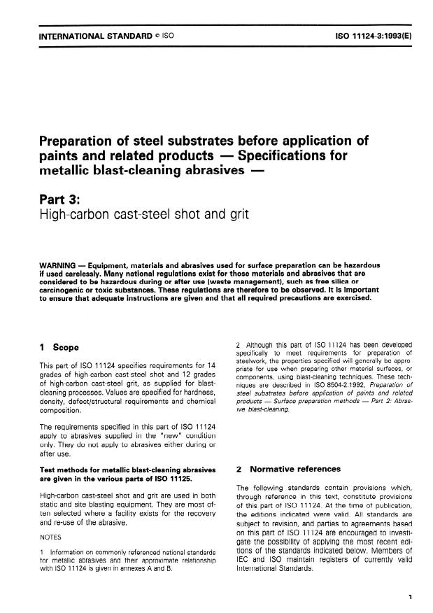 ISO 11124-3:1993 - Preparation of steel substrates before application of paints and related products -- Specifications for metallic blast-cleaning abrasives
