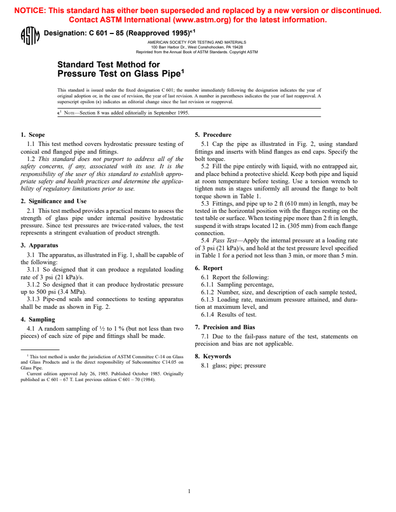 ASTM C601-85(1995)e1 - Standard Test Method for Pressure Test on Glass Pipe