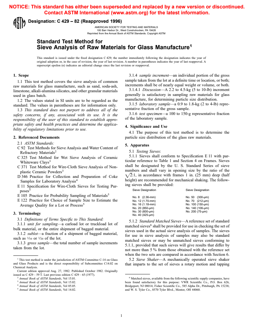 ASTM C429-82(1996) - Standard Test Method for Sieve Analysis of Raw Materials for Glass Manufacture