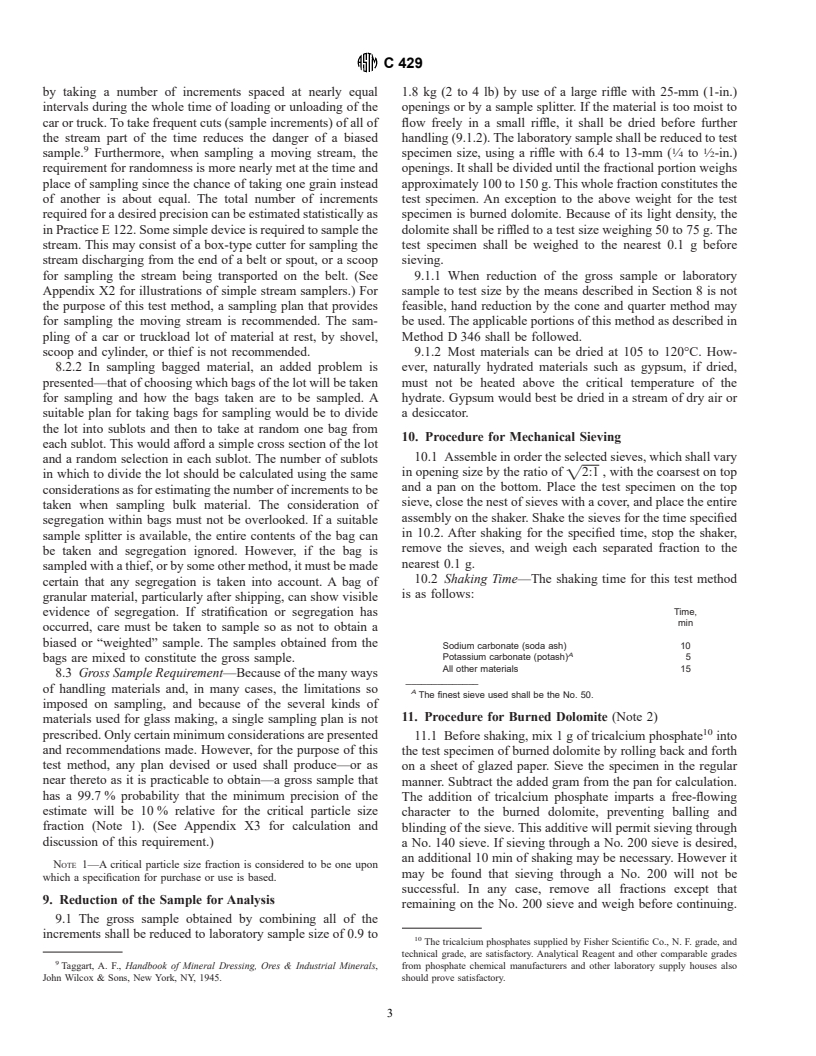 ASTM C429-82(1996) - Standard Test Method for Sieve Analysis of Raw Materials for Glass Manufacture