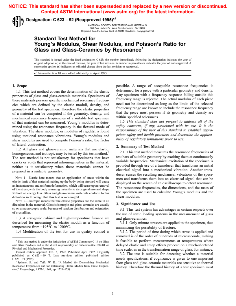 ASTM C623-92(1995)e1 - Standard Test Method for Young's Modulus, Shear Modulus, and Poisson's Ratio for Glass and Glass-Ceramics by Resonance