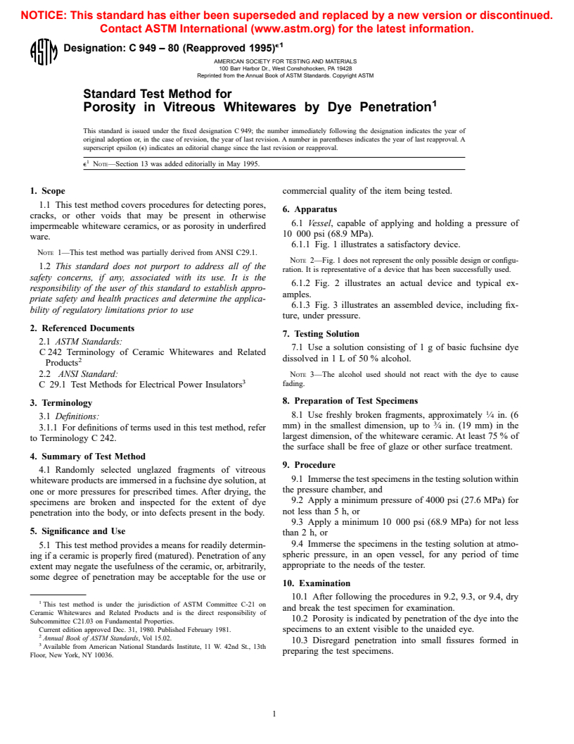 ASTM C949-80(1995)e1 - Standard Test Method for Porosity in Vitreous Whitewares by Dye Penetration