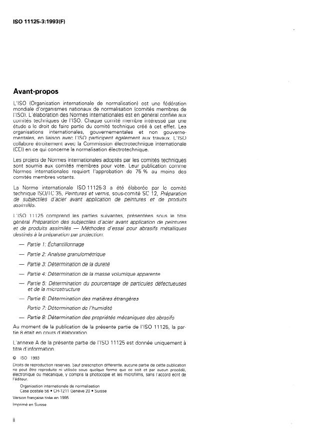 ISO 11125-3:1993 ISO 11125-3:1993 - Préparation des subjectiles d'acier avant application de peintures et de produits assimilés -- Méthodes d'essai pour abrasifs métalliques destinés a la préparation par projection - Page 2 preview