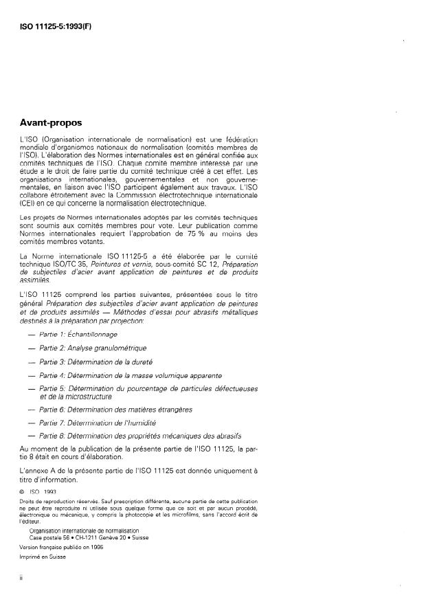 ISO 11125-5:1993 ISO 11125-5:1993 - Préparation des subjectiles d'acier avant application de peintures et de produits assimilés -- Méthodes d'essai pour abrasifs métalliques destinés a la préparation par projection - Page 2 preview