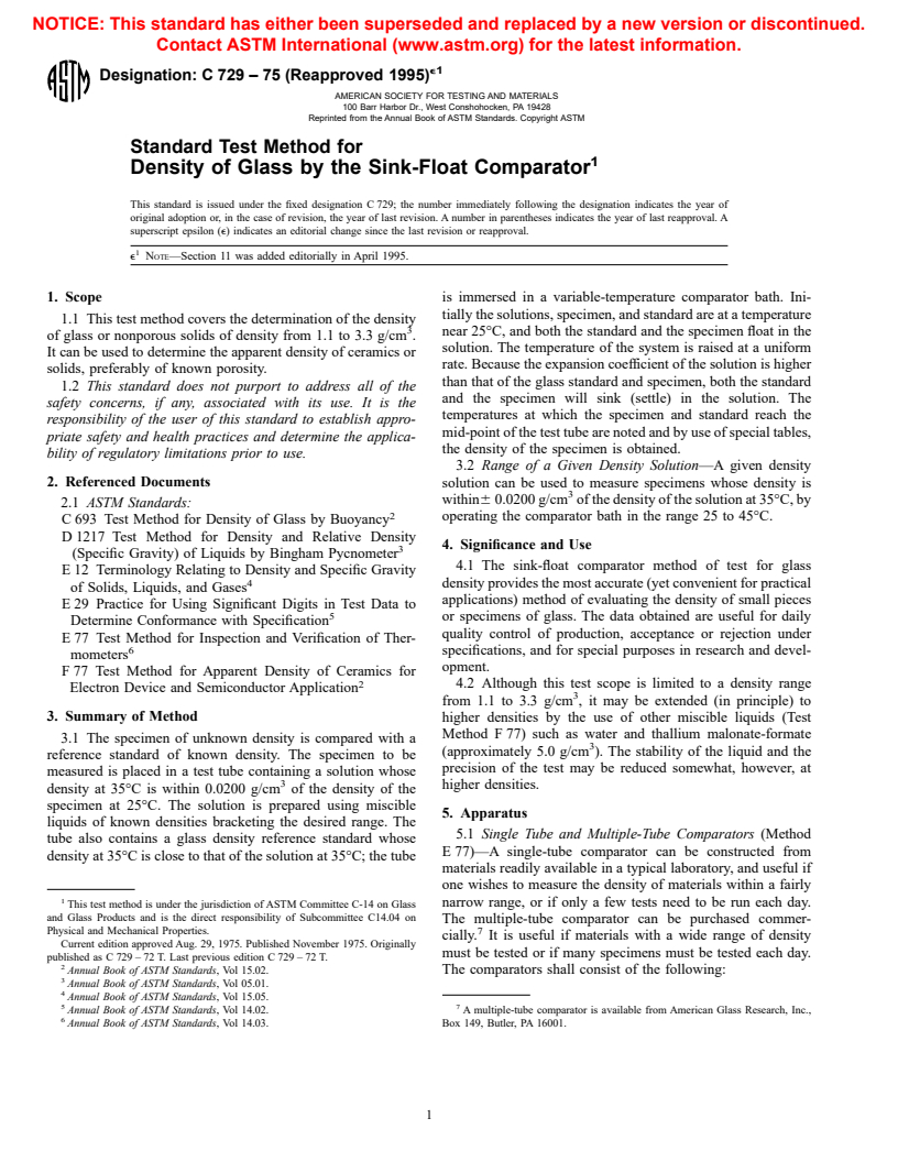 ASTM C729-75(1995)e1 - Standard Test Method for Density of Glass by the Sink-Float Comparator