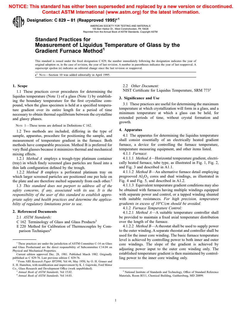 ASTM C829-81(1995)e1 - Standard Practices for Measurement of Liquidus Temperature of Glass by the Gradient Furnace Method