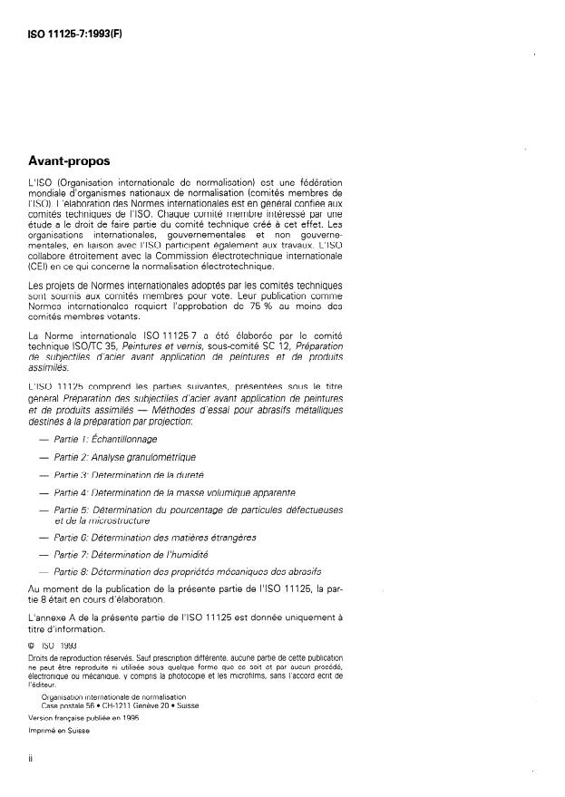 ISO 11125-7:1993 ISO 11125-7:1993 - Préparation des subjectiles d'acier avant application de peintures et de produits assimilés -- Méthodes d'essai pour abrasifs métalliques destinés a la préparation par projection - Page 2 preview