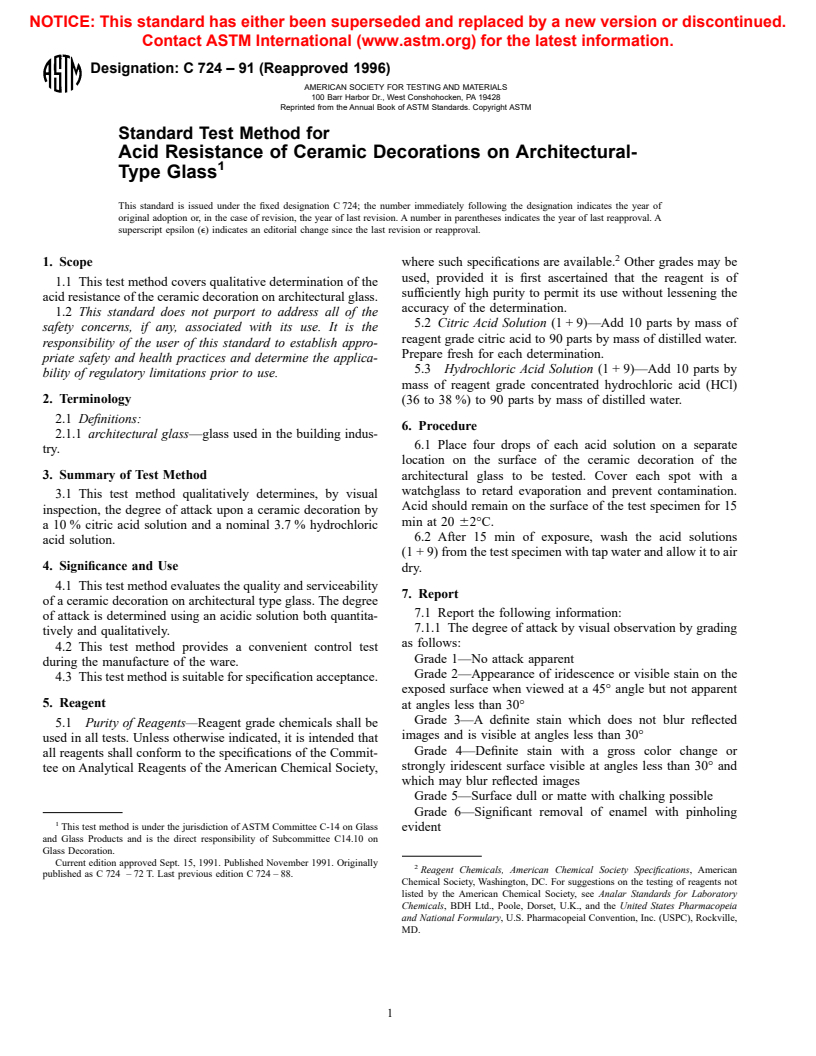 ASTM C724-91(1996) - Standard Test Method for Acid Resistance of Ceramic Decorations on Architectural-Type Glass