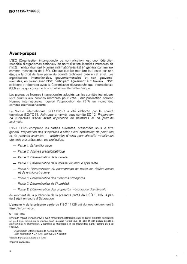 ISO 11125-7:1993 ISO 11125-7:1993 - Préparation des subjectiles d'acier avant application de peintures et de produits assimilés -- Méthodes d'essai pour abrasifs métalliques destinés a la préparation par projection - Page 2 preview