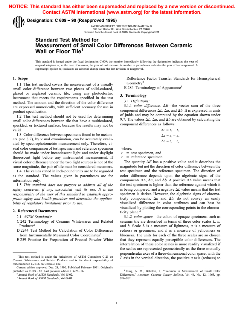 ASTM C609-90(1995) - Standard Test Method for Measurement of Small Color Differences Between Ceramic Wall or Floor Tile