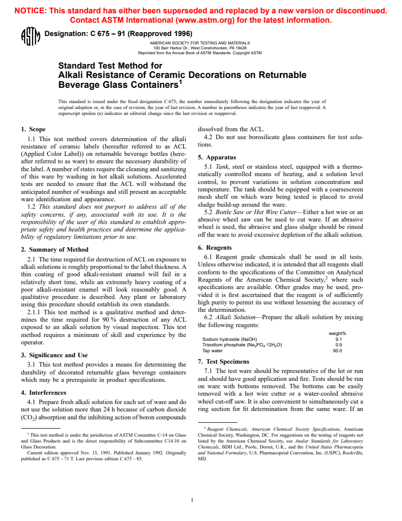 ASTM C675-91(1996) - Standard Test Method for Alkali Resistance of Ceramic Decorations on Returnable Beverage Glass Containers