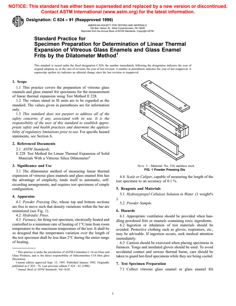 ASTM C824-91(1996) - Standard Practice for Specimen Preparation for Determination of Linear Thermal Expansion of Vitreous Glass Enamels and Glass Enamel Frits by the Dilatometer Method