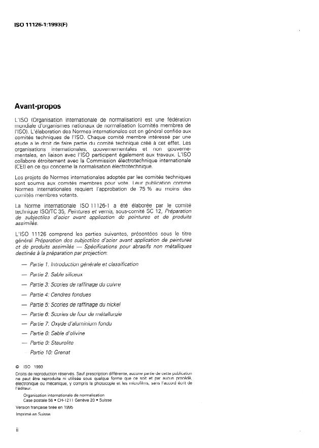ISO 11126-1:1993 ISO 11126-1:1993 - Préparation des subjectiles d'acier avant application de peintures et de produits assimilés -- Spécifications pour abrasifs non métalliques destinés a la préparation par projection - Page 2 preview