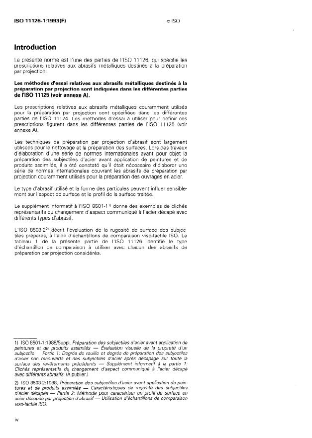 ISO 11126-1:1993 ISO 11126-1:1993 - Préparation des subjectiles d'acier avant application de peintures et de produits assimilés -- Spécifications pour abrasifs non métalliques destinés a la préparation par projection - Page 4 preview