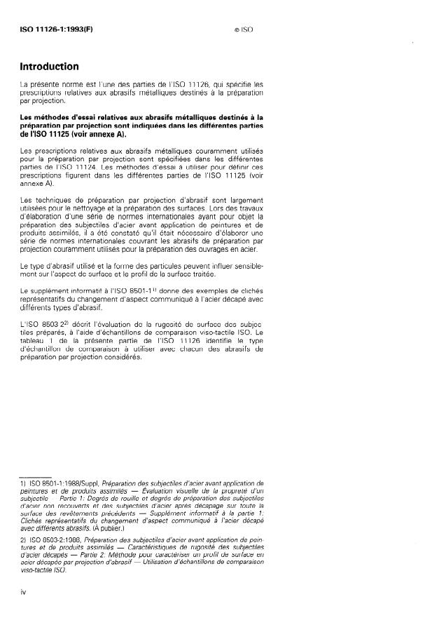 ISO 11126-1:1993 ISO 11126-1:1993 - Préparation des subjectiles d'acier avant application de peintures et de produits assimilés -- Spécifications pour abrasifs non métalliques destinés a la préparation par projection - Page 4 preview