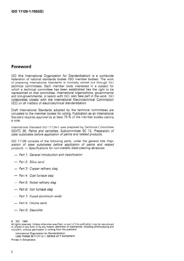 ISO 11126-1:1993 ISO 11126-1:1993 - Preparation of steel substrates before application of paints and related products -- Specifications for non-metallic blast-cleaning abrasives - Page 2 preview