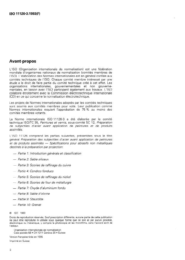 ISO 11126-3:1993 ISO 11126-3:1993 - Préparation des subjectiles d'acier avant application de peintures et de produits assimilés -- Spécifications pour abrasifs non métalliques destinés a la préparation par projection - Page 2 preview