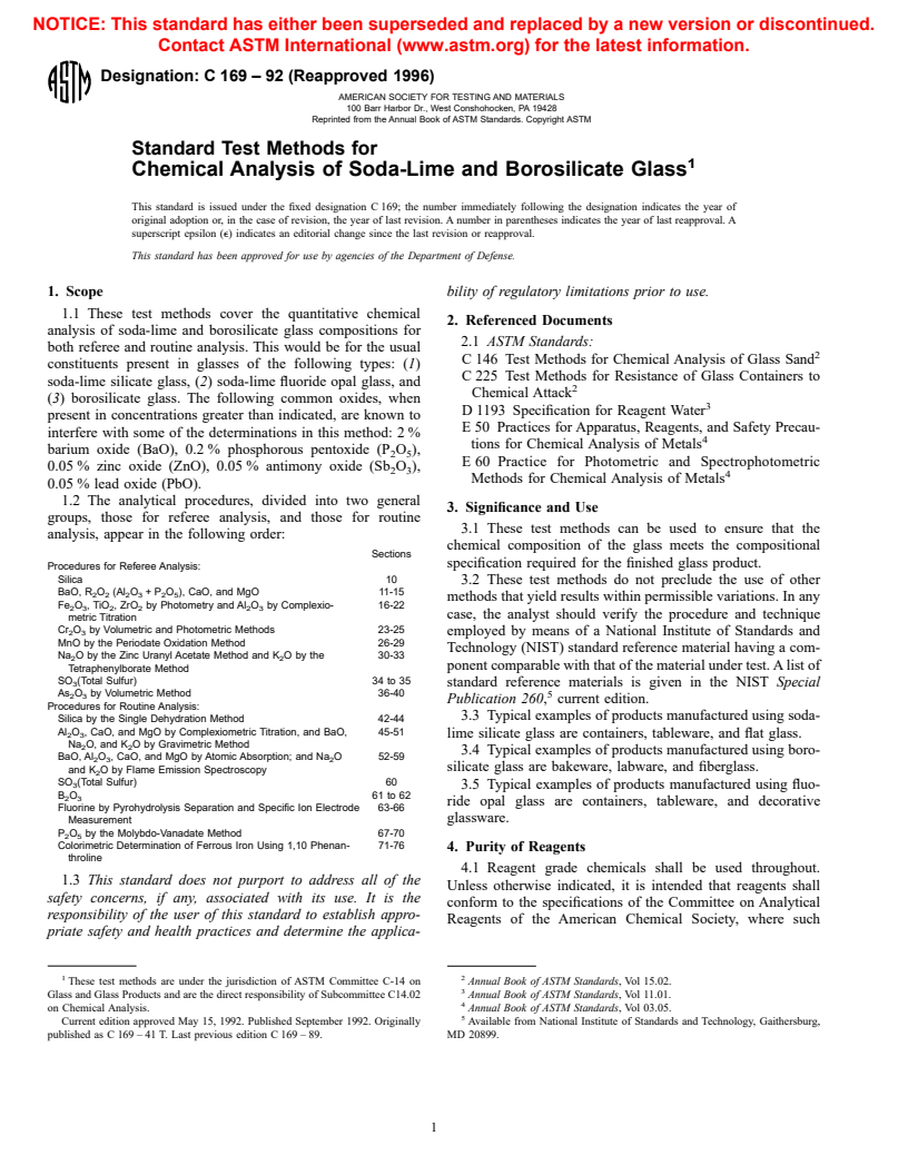 ASTM C169-92(1996) - Standard Test Methods for Chemical Analysis of Soda-Lime and Borosilicate Glass