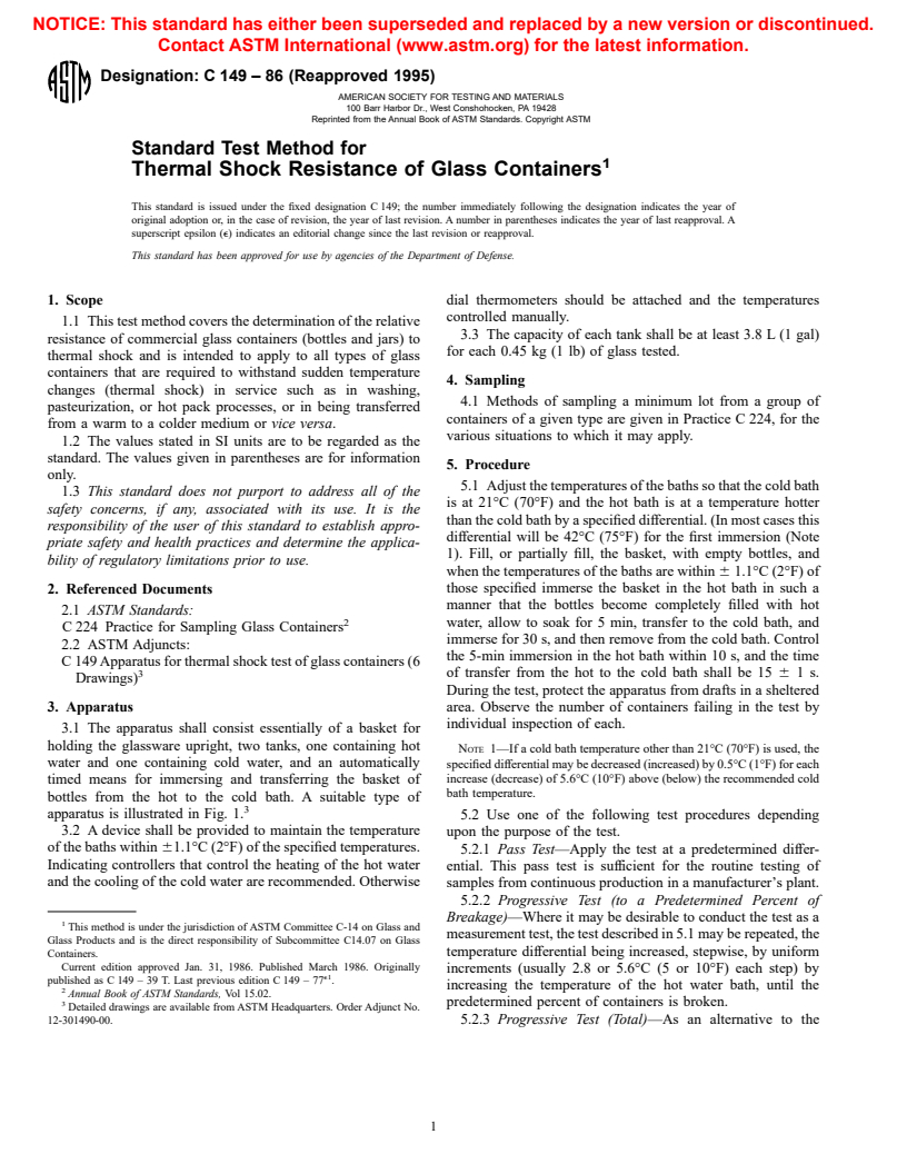 ASTM C149-86(1995) - Standard Test Method for Thermal Shock Resistance of Glass Containers