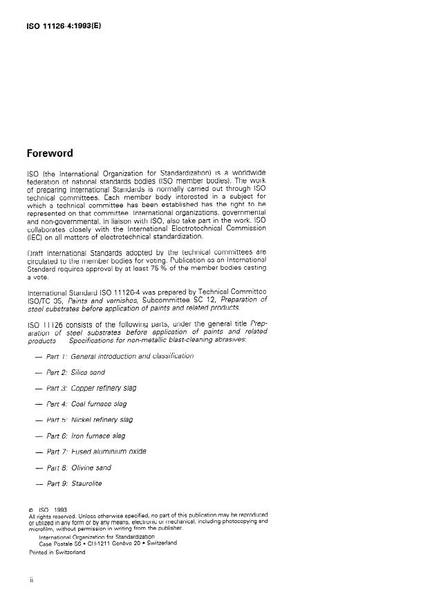 ISO 11126-4:1993 ISO 11126-4:1993 - Preparation of steel substrates before application of paints and related products -- Specifications for non-metallic blast-cleaning abrasives - Page 2 preview