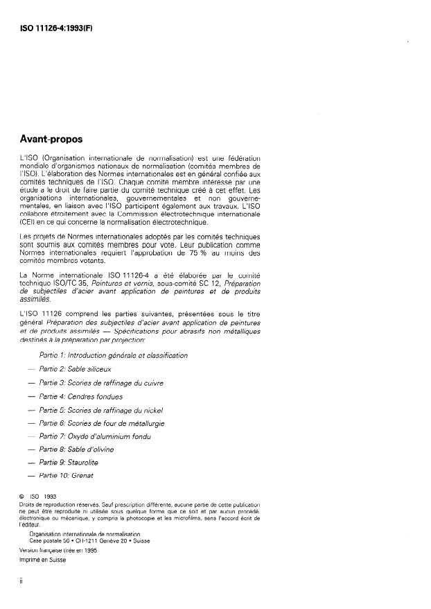 ISO 11126-4:1993 ISO 11126-4:1993 - Préparation des subjectiles d'acier avant application de peintures et de produits assimilés -- Spécifications pour abrasifs non métalliques destinés a la préparation par projection - Page 2 preview