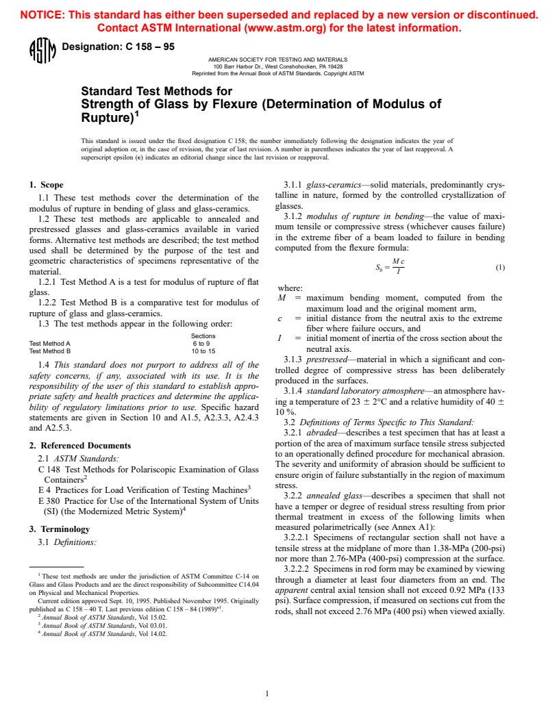 ASTM C158-95 - Standard Test Methods for Strength of Glass by Flexure (Determination of Modulus of Rupture)