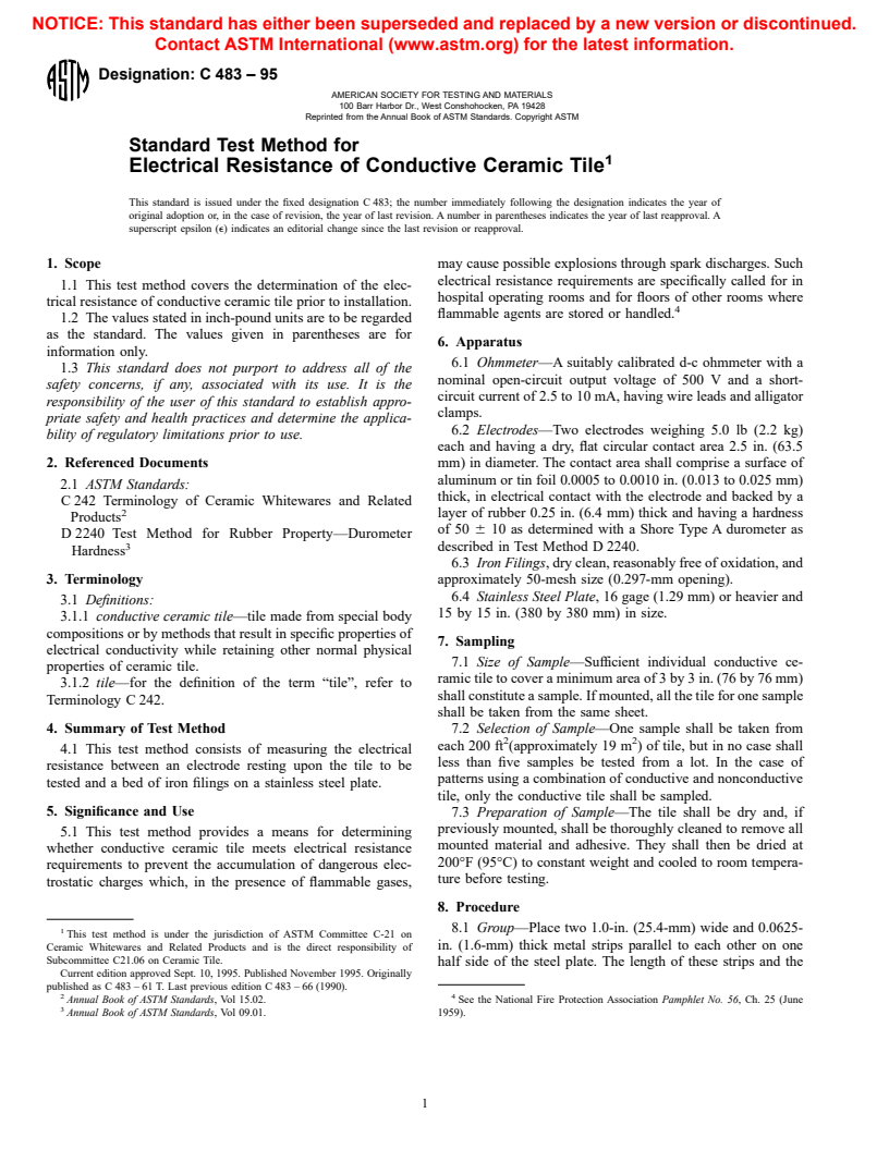 ASTM C483-95 - Standard Test Method for Electrical Resistance of Conductive Ceramic Tile