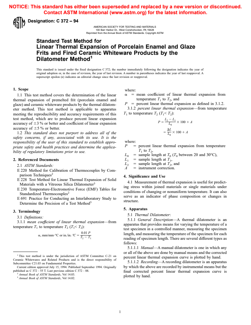 ASTM C372-94 - Standard Test Method for Linear Thermal Expansion of Porcelain Enamel and Glaze Frits and Fired Ceramic Whiteware Products by the Dilatometer Method