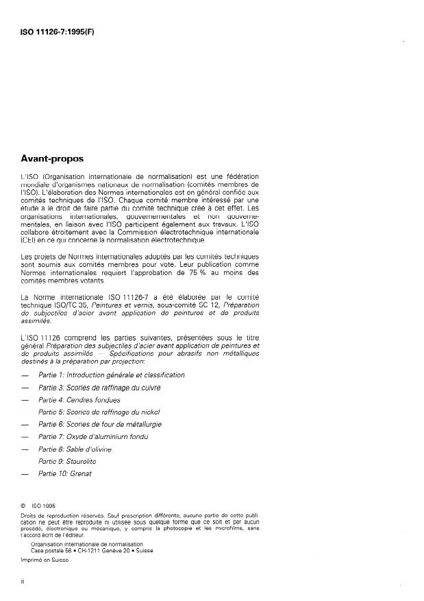 ISO 11126-7:1995 ISO 11126-7:1995 - Préparation des subjectiles d'acier avant application de peintures et de produits assimilés -- Spécifications pour abrasifs non métalliques destinés a la préparation par projection - Page 2 preview