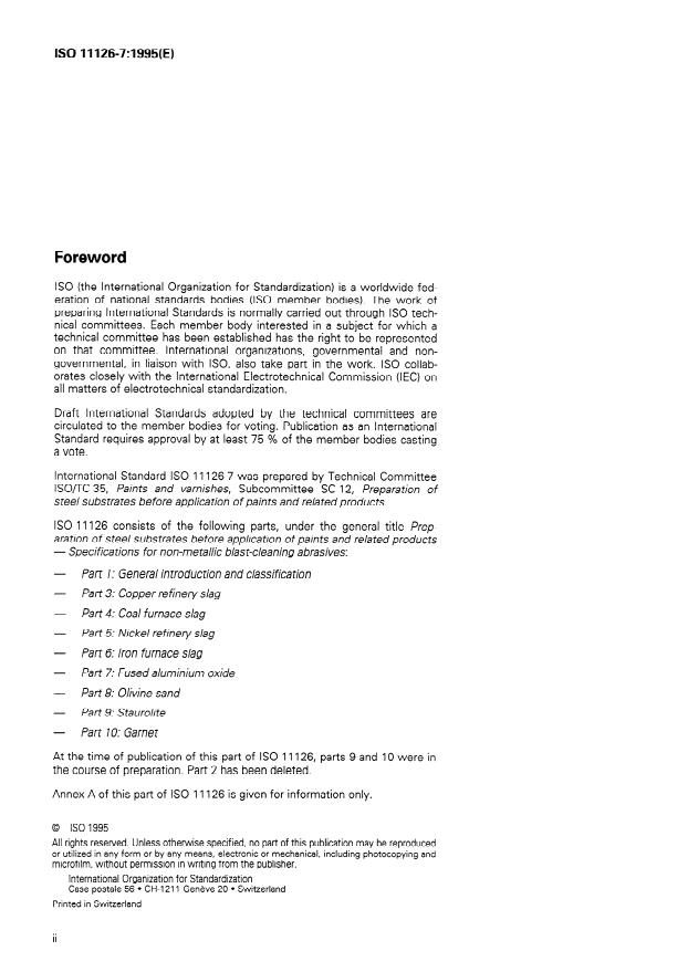 ISO 11126-7:1995 ISO 11126-7:1995 - Preparation of steel substrates before application of paints and related products -- Specifications for non-metallic blast-cleaning abrasives - Page 2 preview