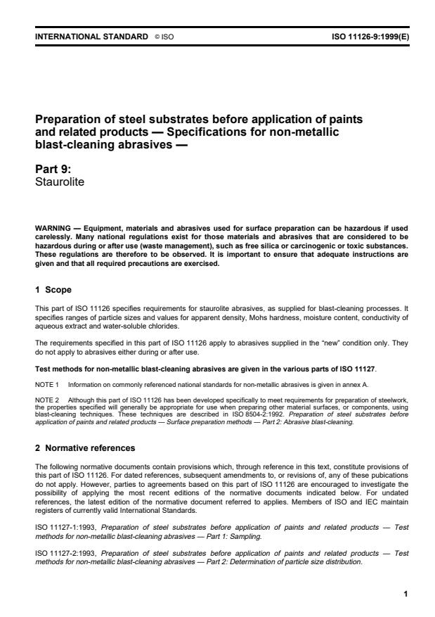 ISO 11126-9:1999 - Preparation of steel substrates before application of paints and related products -- Specifications for non-metallic blast-cleaning abrasives