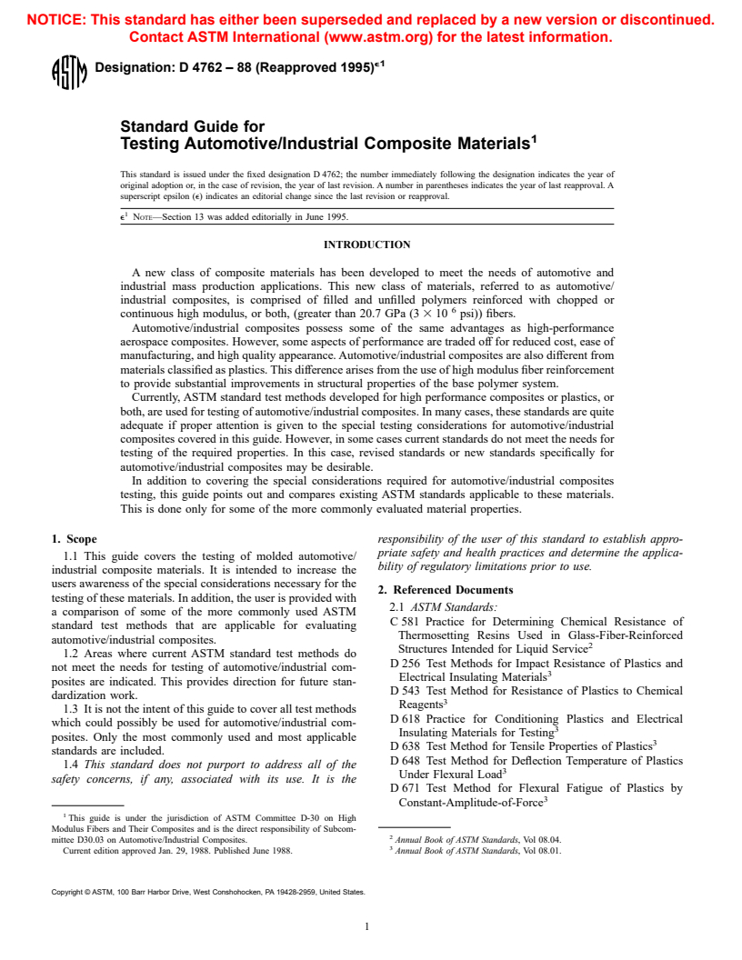 ASTM D4762-88(1995)e1 - Standard Guide for Testing Automotive/Industrial Composite Materials