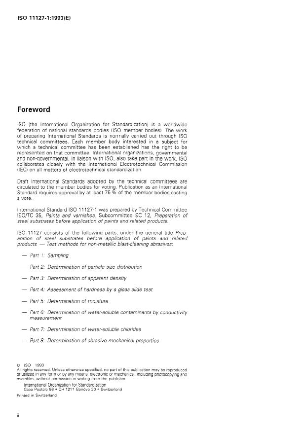 ISO 11127-1:1993 ISO 11127-1:1993 - Preparation of steel substrates before application of paints and related products -- Test methods for non-metallic blast-cleaning abrasives - Page 2 preview