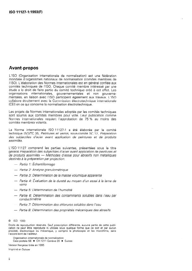 ISO 11127-1:1993 ISO 11127-1:1993 - Préparation des subjectiles d'acier avant application de peintures et de produits assimilés -- Méthodes d'essai pour abrasifs non métalliques destinés a la préparation par projection - Page 2 preview