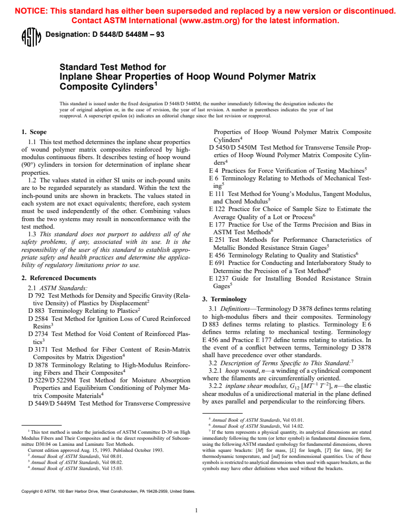 ASTM D5448/D5448M-93 - Standard Test Method for Inplane Shear Properties of Hoop Wound Polymer Matrix Composite Cylinders