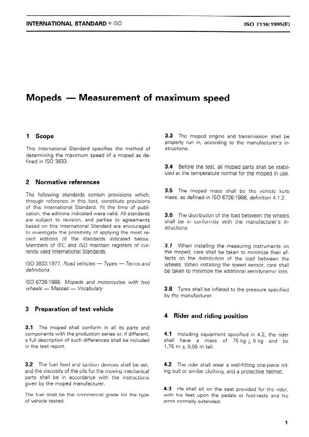 ISO 7116:1995 - Mopeds -- Measurement of maximum speed