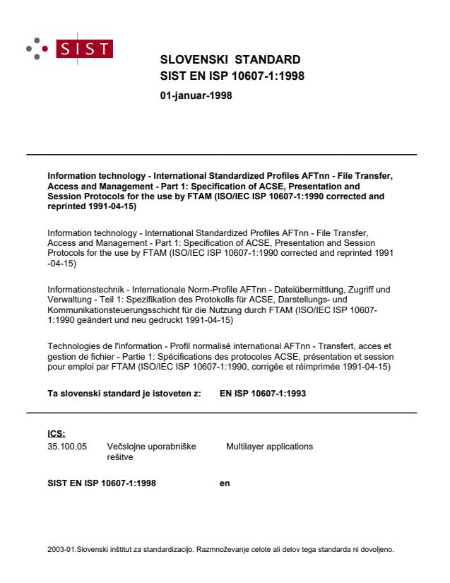 EN ISP 10607-1:1993 EN ISP 10607-1:1998
