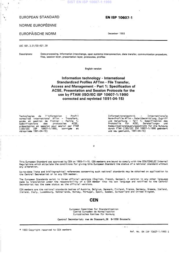 EN ISP 10607-1:1993 EN ISP 10607-1:1998