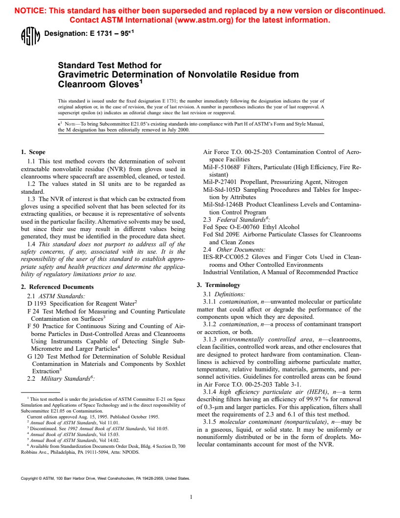 ASTM E1731-95e1 - Standard Test Method for Gravimetric Determination of Nonvolatile Residue from Cleanroom Gloves