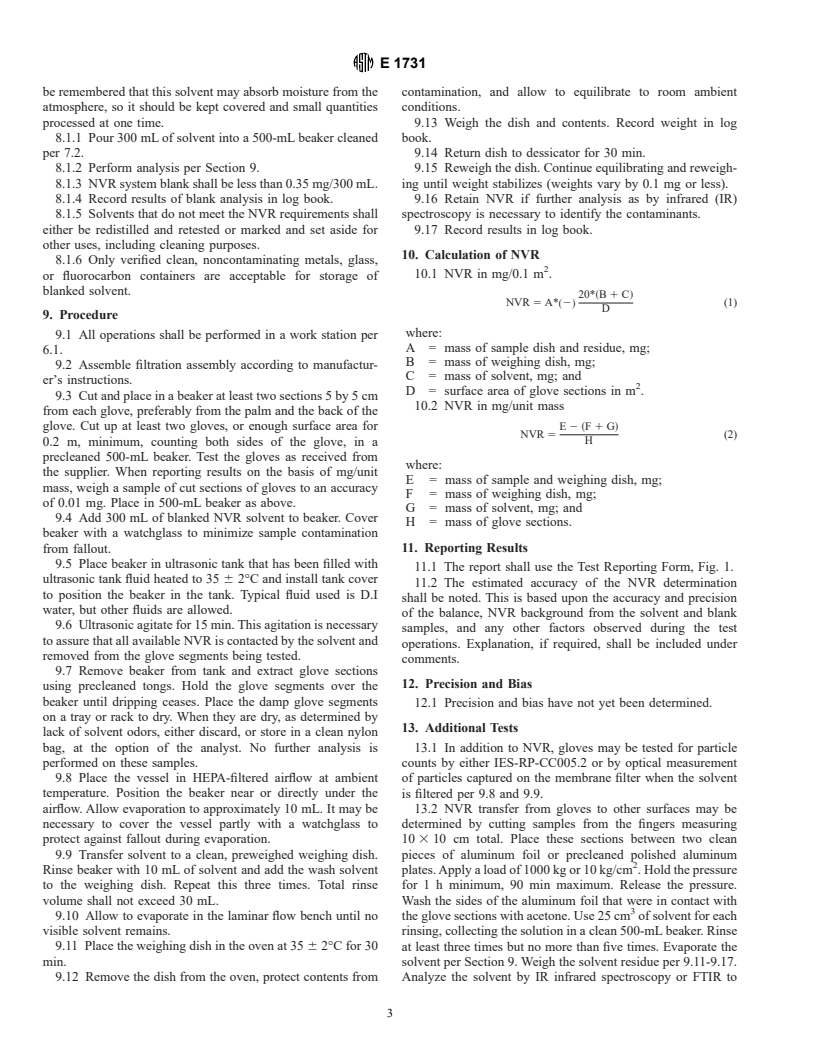 ASTM E1731-95e1 - Standard Test Method for Gravimetric Determination of Nonvolatile Residue from Cleanroom Gloves